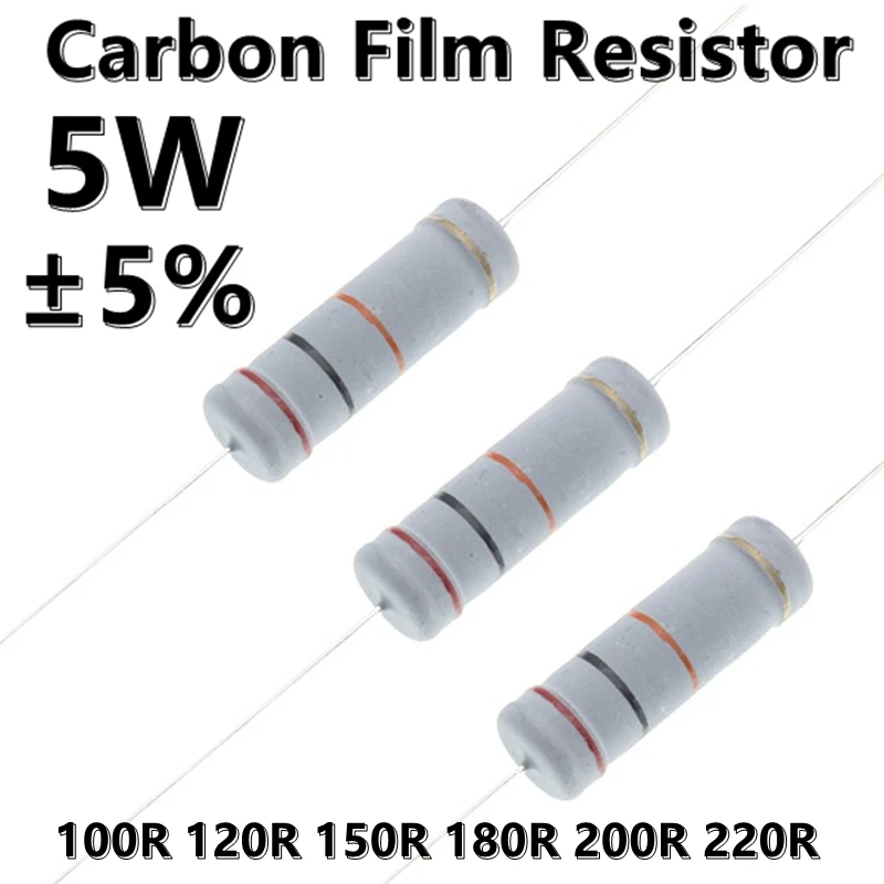 (10шт) 5 Вт Углеродная Пленка 5% Цветной Кольцевой Осевой Резистор 100 120R 150R 180R 200R 220R Ом