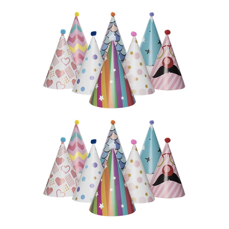 16 шт. бумажных конусообразных шляп из золотой фольги с Днем рождения для взрослых и детей Для украшения вечеринки 0