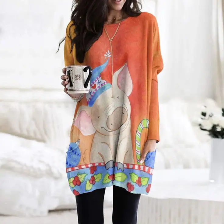2023 Модное Женское платье с мультяшным животным принтом, Яркая Новая Осенне-зимняя Женская длинная футболка Y2K, Модное женское платье большого размера 4