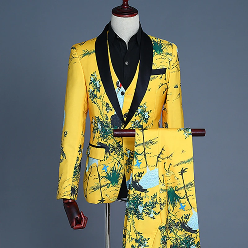2023 Модный новый мужской бутик для отдыха, приталенный костюм с цветочным принтом / комплект из 3 предметов, мужские повседневные блейзеры, куртка, пальто, жилет, Брюки, Мотобрюки
