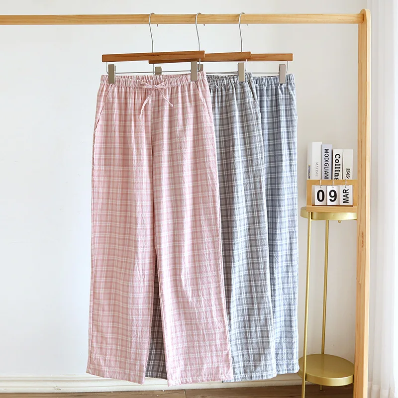 2024 Японская весенне-летняя новая одежда для сна для пар, мужские и женские брюки из 100% хлопка, Тонкие клетчатые Свободные домашние брюки, низы 0