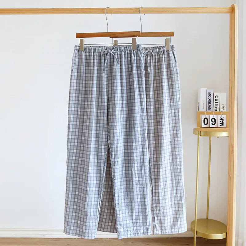 2024 Японская весенне-летняя новая одежда для сна для пар, мужские и женские брюки из 100% хлопка, Тонкие клетчатые Свободные домашние брюки, низы 1