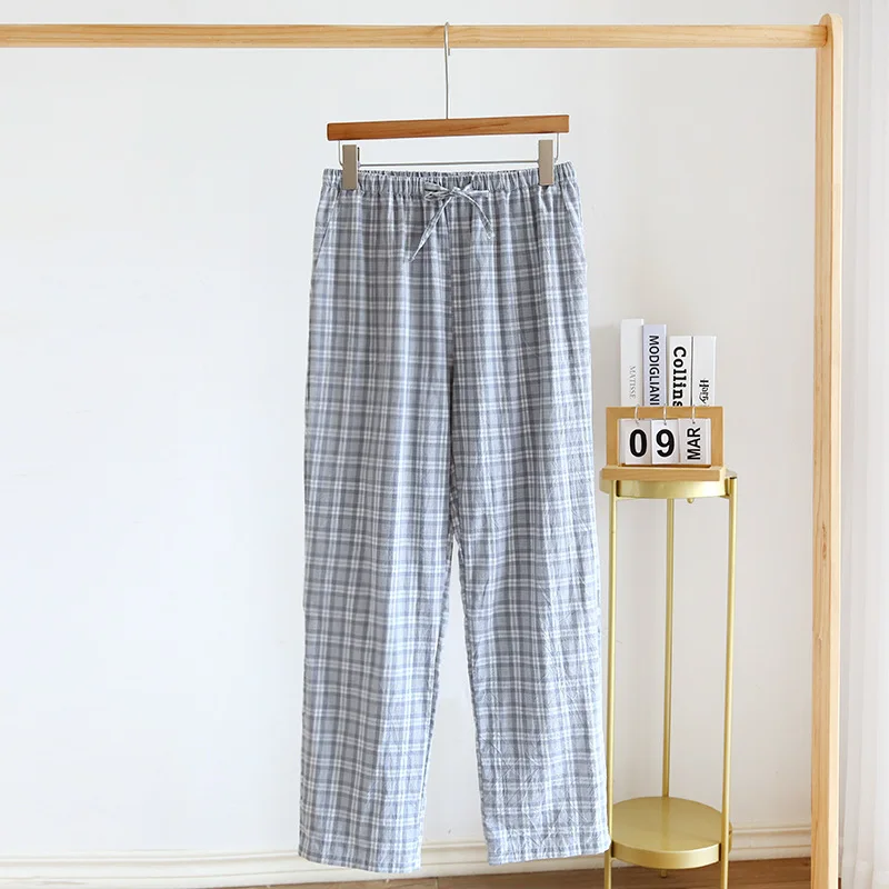2024 Японская весенне-летняя новая одежда для сна для пар, мужские и женские брюки из 100% хлопка, Тонкие клетчатые Свободные домашние брюки, низы 4