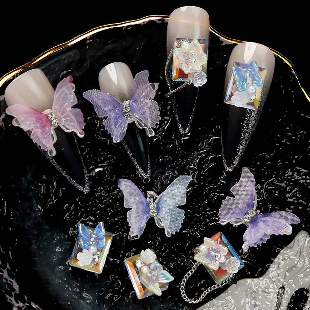 5 шт./компл. Сетчатый дизайн ногтей с бабочками, инкрустированный бриллиантами, 3D Сказочные украшения для ногтей из смолы, двухслойные сетчатые аксессуары 0