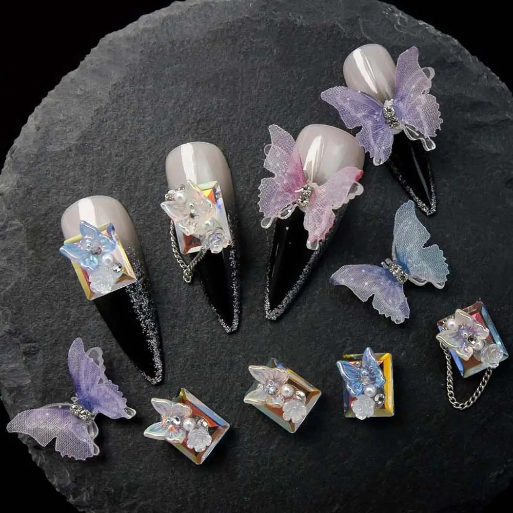 5 шт./компл. Сетчатый дизайн ногтей с бабочками, инкрустированный бриллиантами, 3D Сказочные украшения для ногтей из смолы, двухслойные сетчатые аксессуары 1