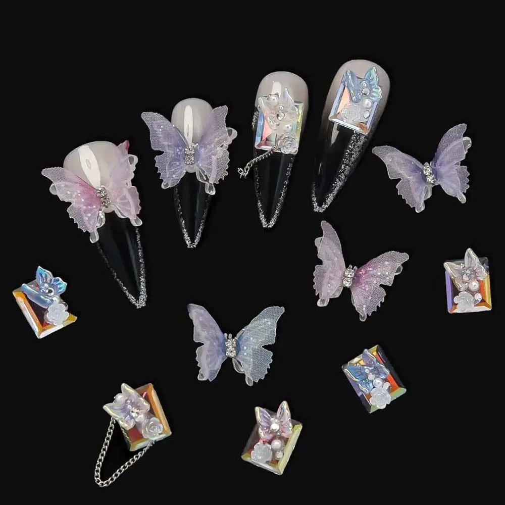 5 шт./компл. Сетчатый дизайн ногтей с бабочками, инкрустированный бриллиантами, 3D Сказочные украшения для ногтей из смолы, двухслойные сетчатые аксессуары 3