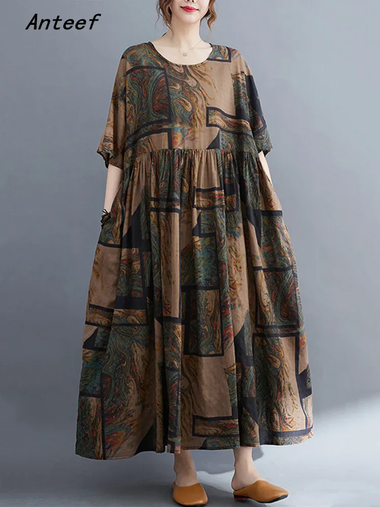 Anteef хлопчатобумажные винтажные платья с цветочным рисунком из хлопка с коротким рукавом для женщин, повседневное свободное длинное летнее платье, элегантная одежда 2023 0