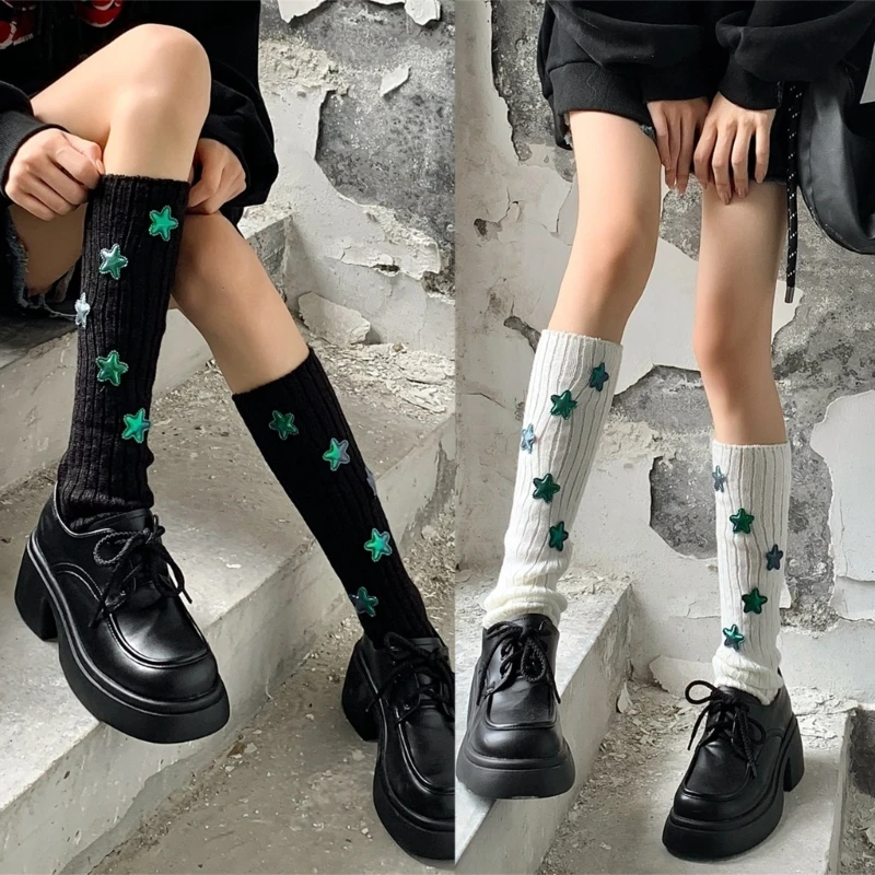 Harajuku Женская Рубчатая Вязаная Гетра В стиле Панк Y2K Со Звездными Нашивками, Покрывающая Ноги Длинными Носками