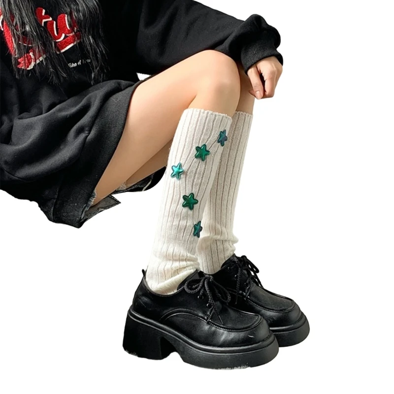 Harajuku Женская Рубчатая Вязаная Гетра В стиле Панк Y2K Со Звездными Нашивками, Покрывающая Ноги Длинными Носками 1