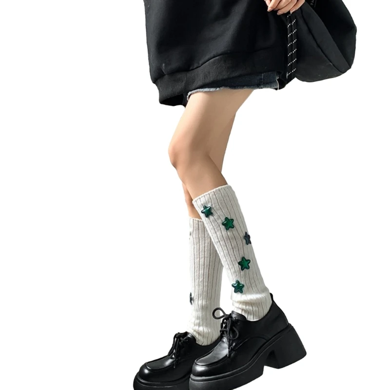 Harajuku Женская Рубчатая Вязаная Гетра В стиле Панк Y2K Со Звездными Нашивками, Покрывающая Ноги Длинными Носками 2