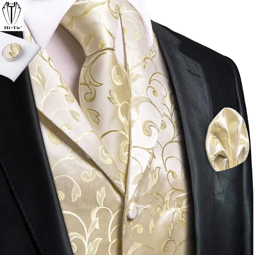 Hi-Tie Бежевый Шелковый мужской жилет с цветочным рисунком, Комплект галстуков, Жаккардовый жилет в западном стиле с полуплоским воротником, куртка без рукавов, галстук-носовой платок, Запонки