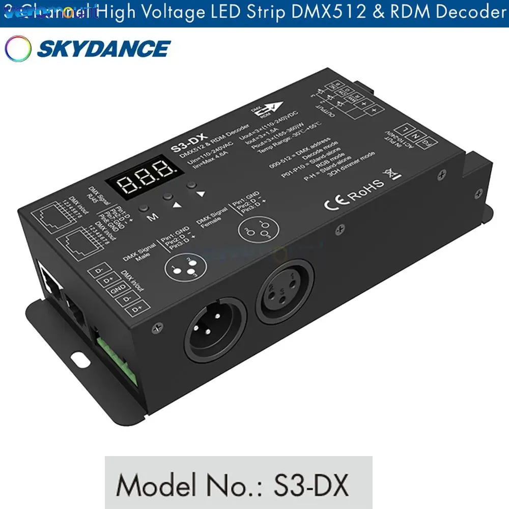 Skydance S3-DX 3-Канальный Высоковольтный AC 110V 220V DMX 512 RDM Декодер Контроллер Светодиодной Ленты Цифровой Дисплей Диммер