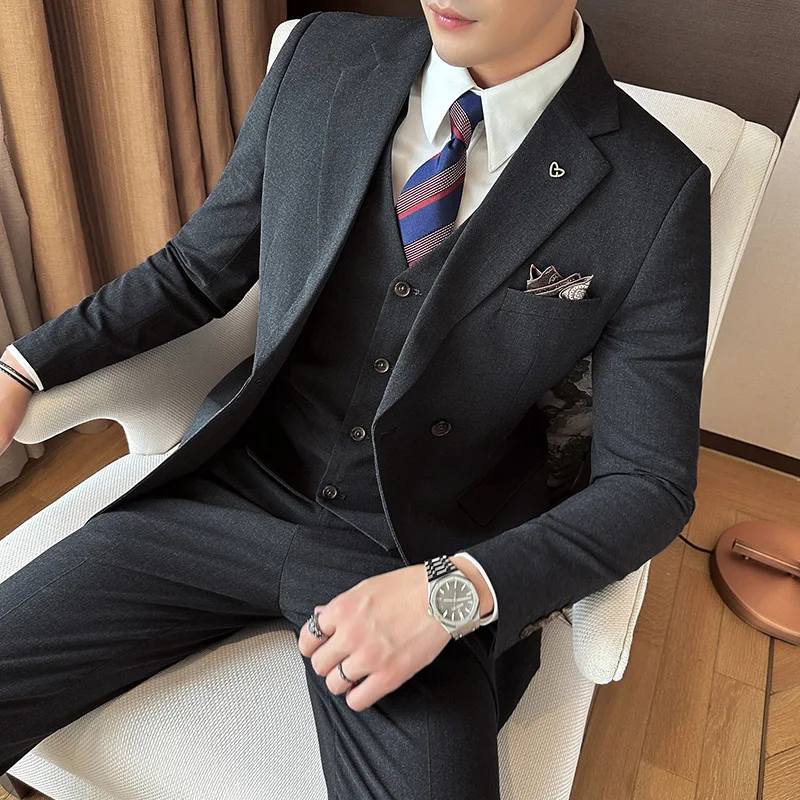Высококачественная одежда на двух пуговицах (костюм + жилет + брюки) Свадебный банкетный костюм Корейская версия Модного Приталенного костюма из 3/2 частей M-5XL