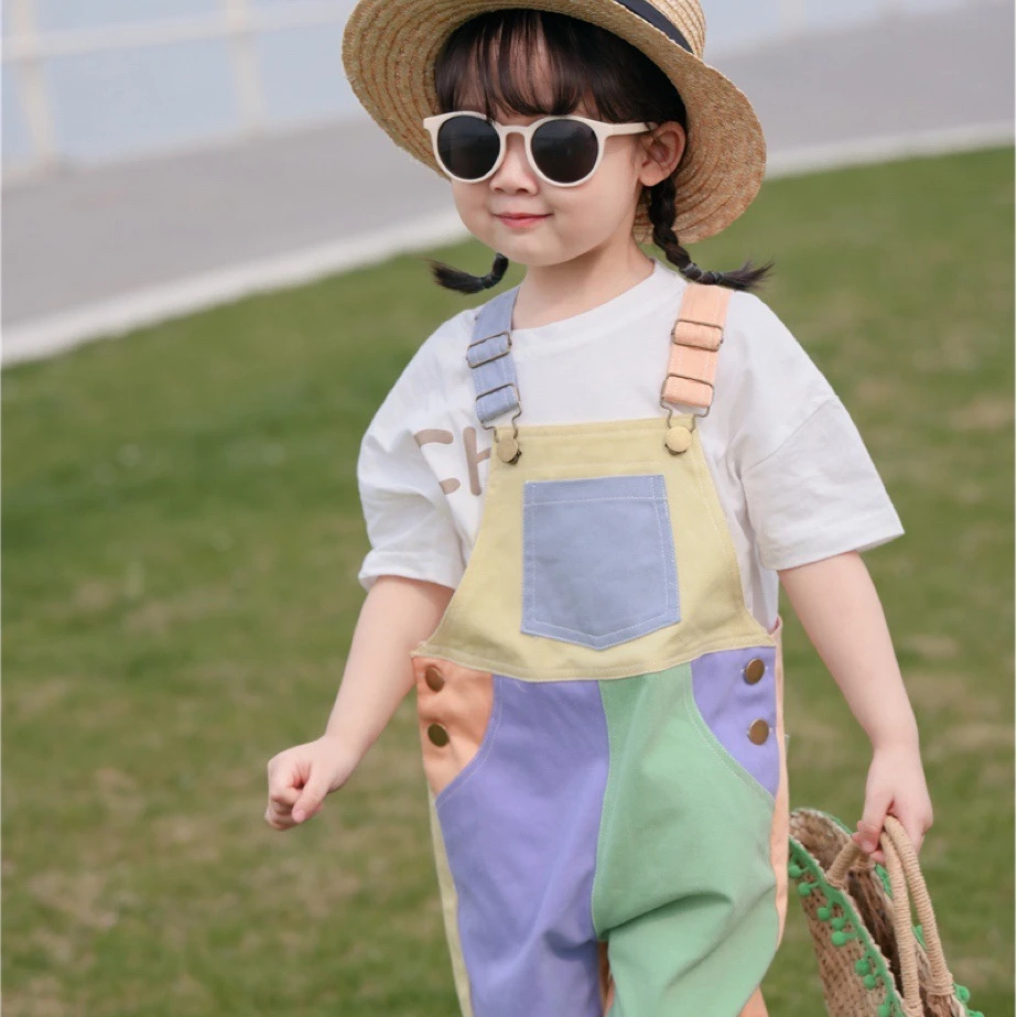 Детская одежда, Детские Цветные Подтяжки, Новые Летние брюки для девочек в корейском стиле с цветными вставками для девочек