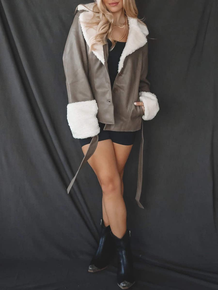 Женская куртка из искусственной кожи, кожаная куртка с плюшевыми вставками, серая классическая кружевная куртка на пуговицах с длинным рукавом, куртка с меховым воротником 2