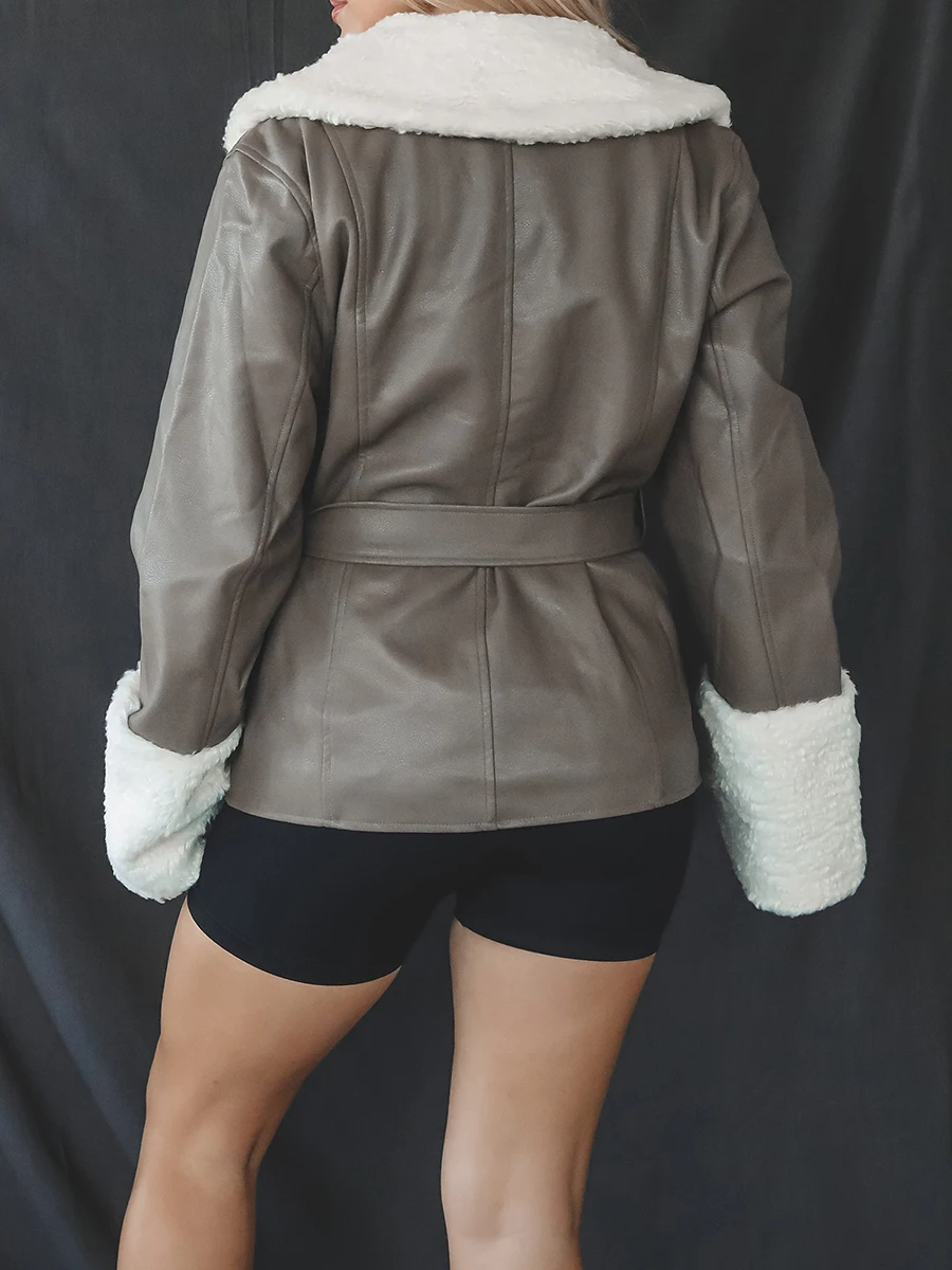 Женская куртка из искусственной кожи, кожаная куртка с плюшевыми вставками, серая классическая кружевная куртка на пуговицах с длинным рукавом, куртка с меховым воротником 4