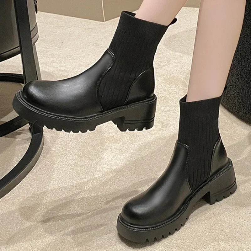 Женская обувь, хит продаж 2023 года, женские ботинки без застежки, осенние водонепроницаемые ботинки на твердой платформе среднего каблука с круглым носком