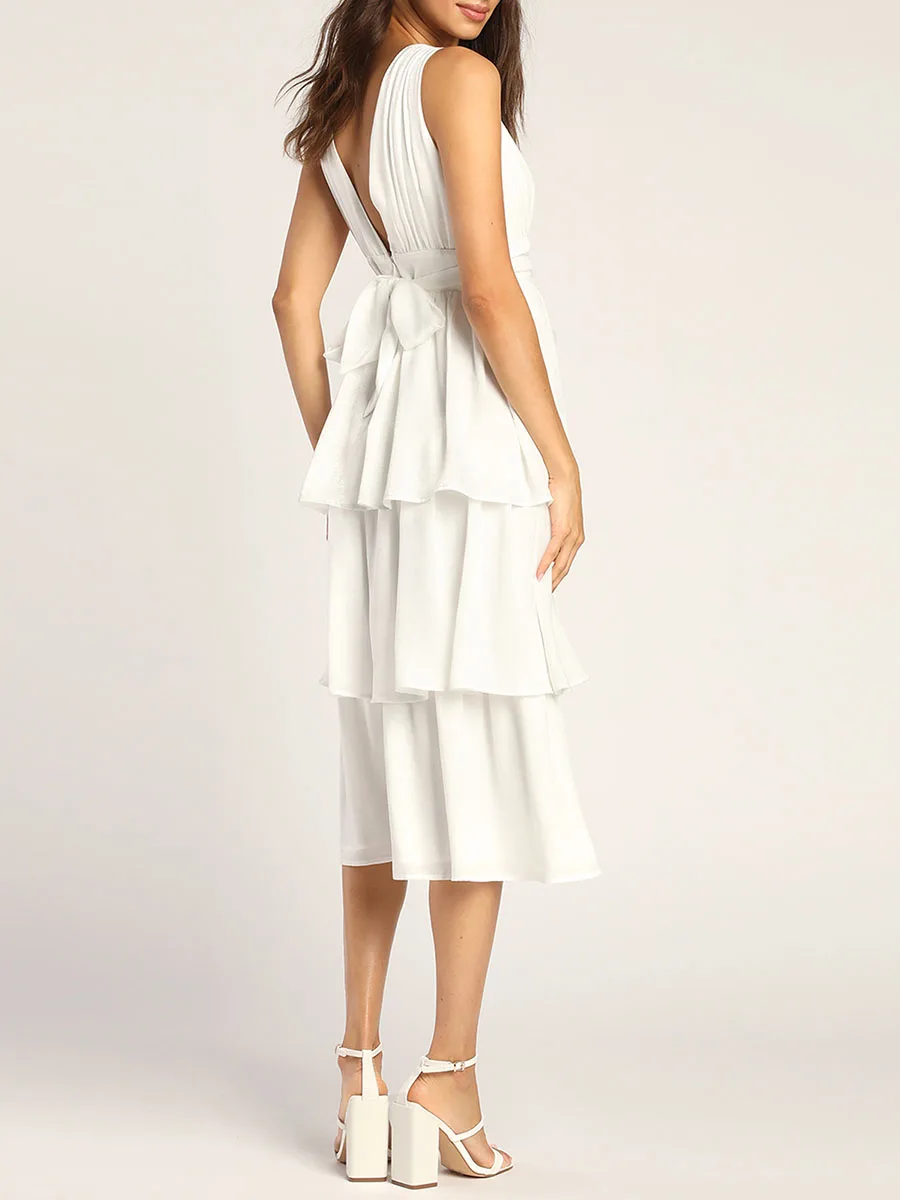 Женские летние платья Миди, однотонные платья без рукавов с V-образным вырезом и многоуровневыми рюшами, вечернее платье для коктейльной вечеринки 2023 2