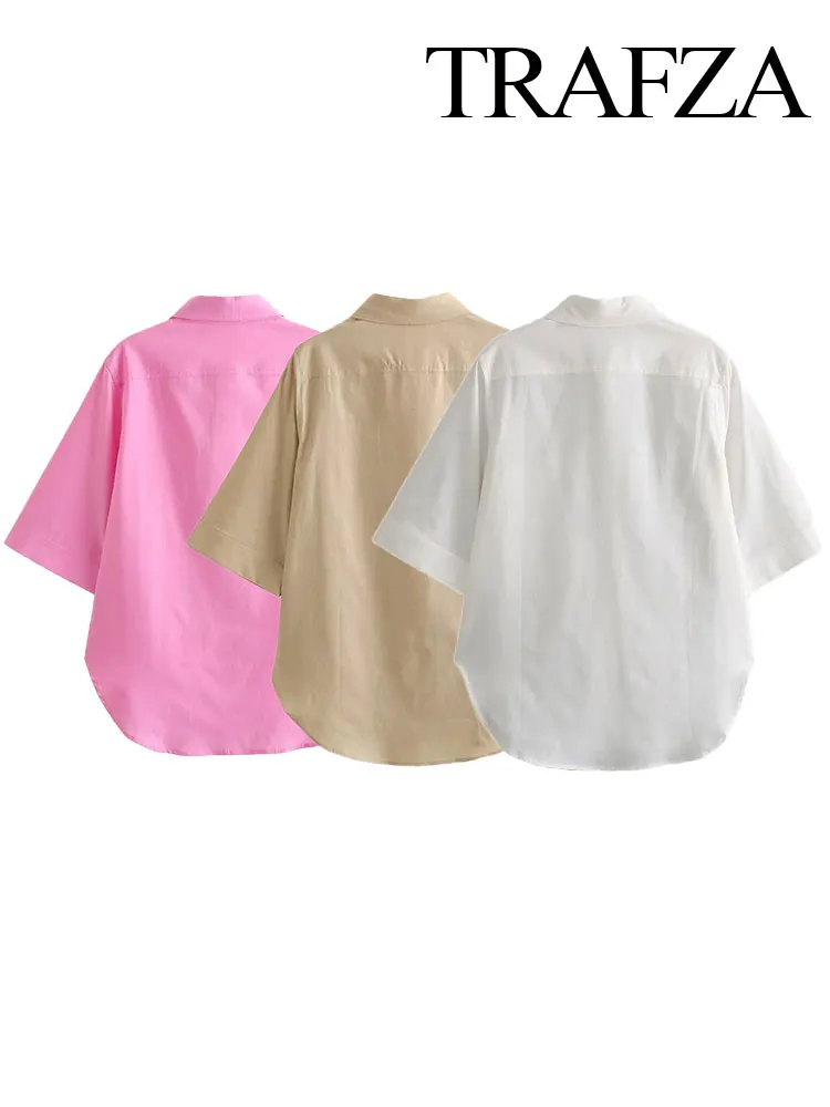 Женские рубашки TRAFZA 2023 Y2k с отложным воротником, однобортные Элегантные винтажные офисные женские блузки, простые удобные женские блузки 5