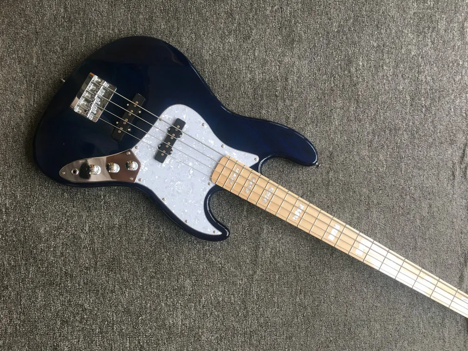 Заводская синяя 4-струнная Электрическая бас-гитара кленовый гриф Хромированная Фурнитура Настраиваемая