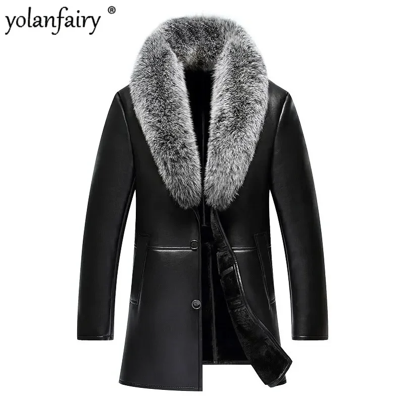 Зимняя новая меховая куртка из экокожи, мужское пальто, мужской воротник из лисьей шерсти, Толстые длинные дубленки, Блузон Homme Hiver
