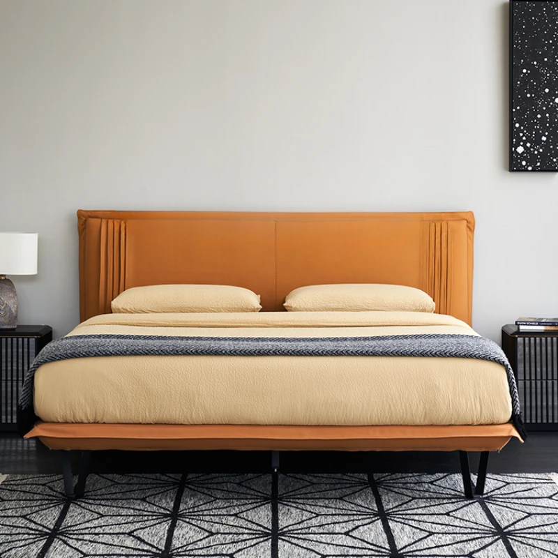 Кожаная кровать в стиле арт, минималистичная кожаная двуспальная кровать king-size, современная и минималистичная спальня