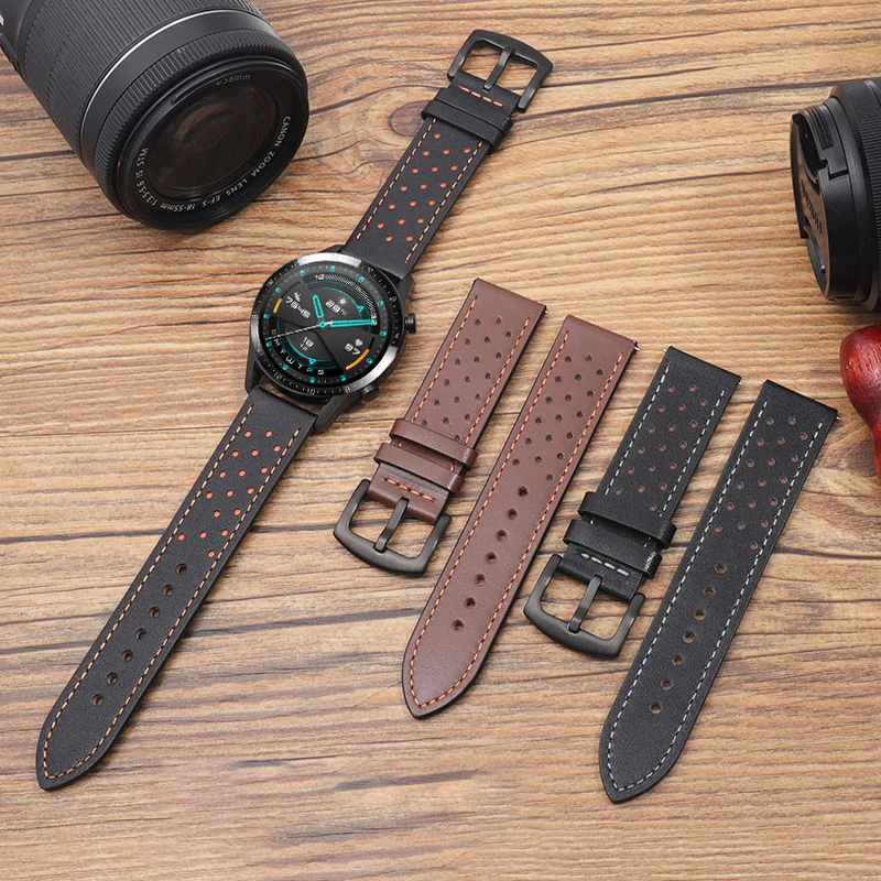 Кожаный Ремешок для Samsung galaxy watch 6 5/pro/4/Classic/Active 2 с отверстием 20/22 мм, Подлинный браслет Huawei watch gt 2-2e-3-pro Band