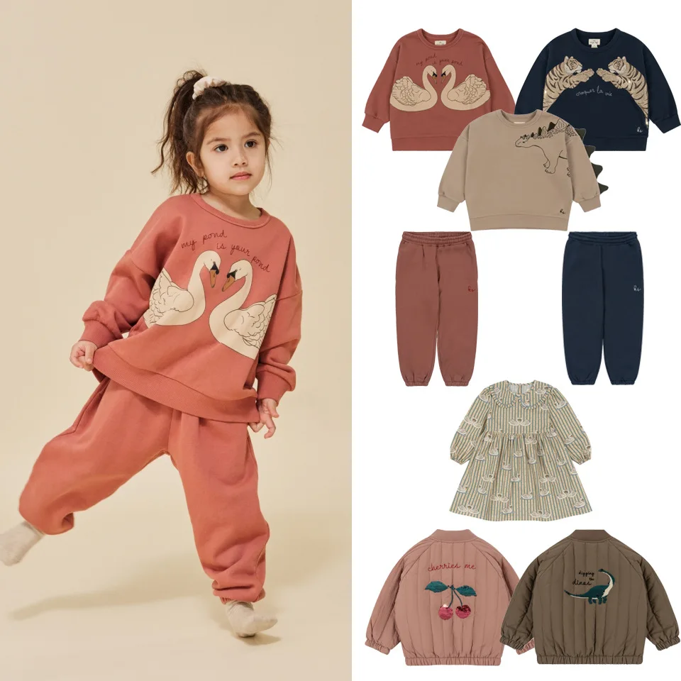 Корейская детская одежда, верхняя одежда для девочек и мальчиков, куртки, новинка 2023 года, KS, Осенние Детские свитшоты с лебедями, брюки, детская одежда