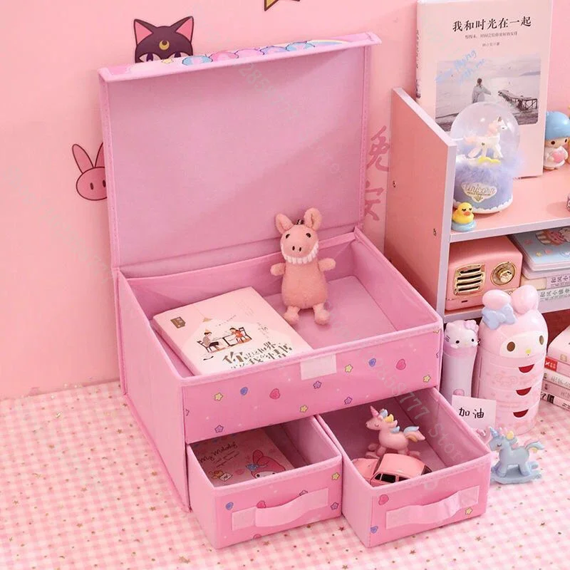 Коробка для хранения нижнего белья Kawaii Sanrio Kuromi Hello Kitty My Melody с рисунком аниме, складная коробка для хранения с двойным выдвижным ящиком и крышкой в подарок 2