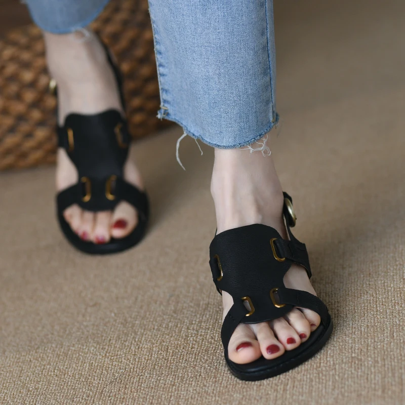 Летние сандалии с пряжкой, женские туфли из натуральной коровьей кожи с открытым носком, на каблуке 4 см, женская обувь в римском стиле, ретро-сандалии на массивном каблуке