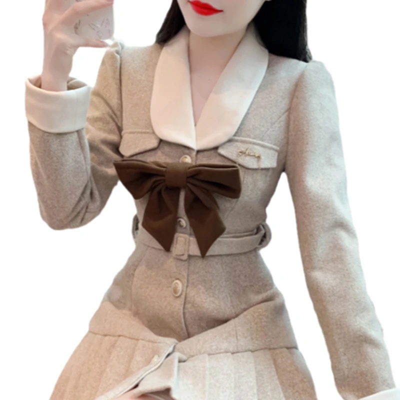 Модный Корейский стиль, кукольный воротник, высокая талия, длинные рукава, женское шерстяное платье трапециевидной формы 2023, осенне-зимнее платье с бантом, приталенное платье 4
