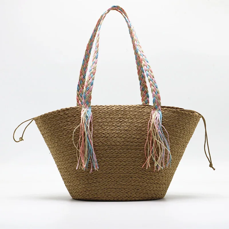 Новая плетеная сумка из бумажной соломы с лентой и кисточкой на одно плечо, плетеная сумка для пляжных путешествий, сумка для поездок на работу, для отдыха 0