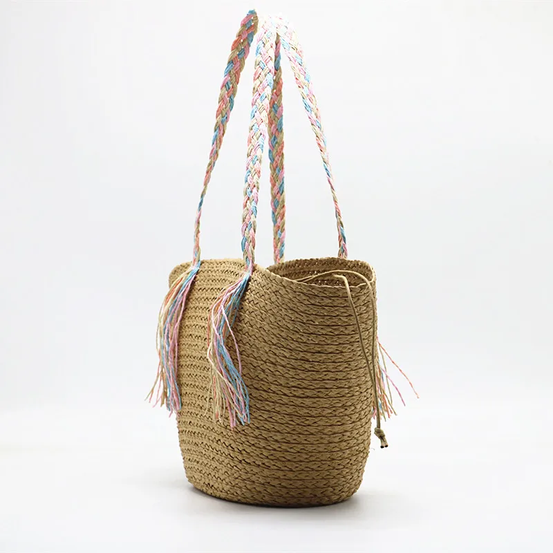 Новая плетеная сумка из бумажной соломы с лентой и кисточкой на одно плечо, плетеная сумка для пляжных путешествий, сумка для поездок на работу, для отдыха 1