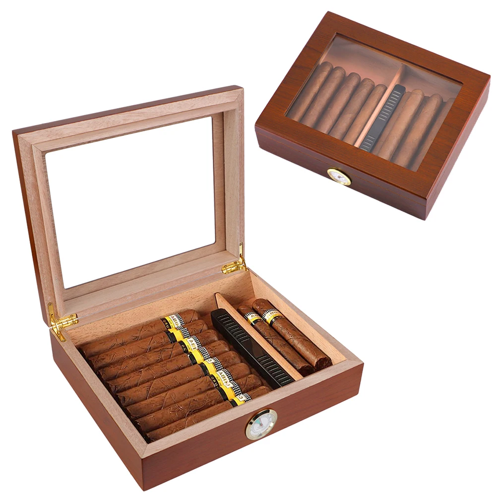 Переносная коробка для хьюмидора для сигар с гигрометром и увлажнителем из кедрового дерева, прозрачный футляр для хьюмидора для сигар