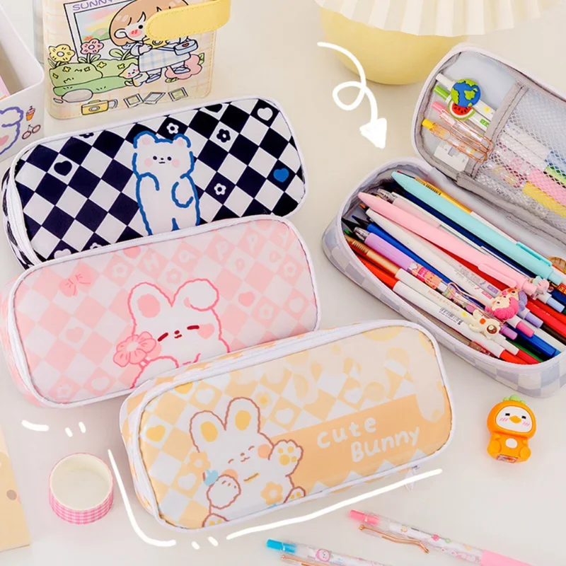 Симпатичная сумка-карандаш для девочек, сумка для карандашей, модный пенал для ручек в шахматном порядке, Корейские канцелярские принадлежности, школьные принадлежности, Студенческие сумки для хранения