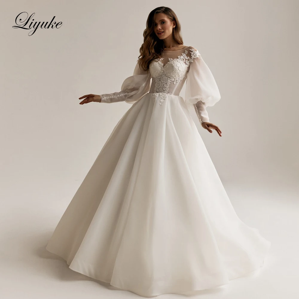 Элегантное свадебное платье трапециевидной формы с длинными рукавами из органзы Liyuke, свадебные платья с круглым вырезом и кружевными аппликациями