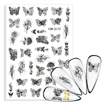 1 шт 5D черно-белая наклейка для ногтей в виде бабочки с рисунком феи розы, клейкий слайдер для дизайна ногтей, наконечник для украшения маникюра