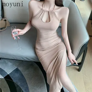 2023 Корейское платье с разрезом на бретельках, открытой спиной, на шнуровке, с высокой талией, облегающее фигуру Платье Макси без рукавов для женщин