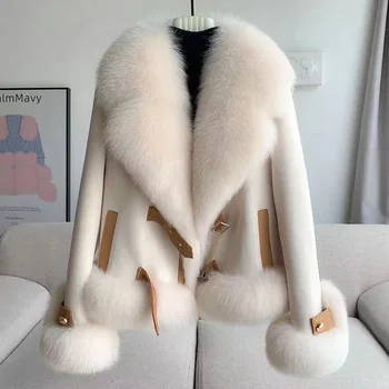 2023 Новые осенне-зимние куртки, женское пальто из искусственного меха лисы, женская одежда, Короткая теплая верхняя одежда, топ с меховым воротником высокого класса