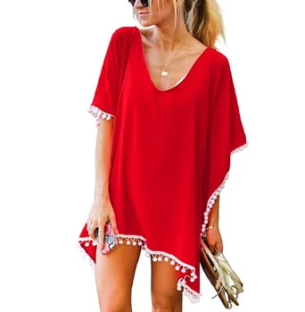 2023 Сезон: Весна-лето, пляжная блузка для отдыха на море, повседневная Дышащая однотонная женская пляжная юбка из шифона с бахромой, блузка красного цвета