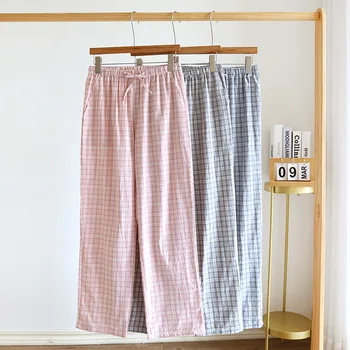 2024 Японская весенне-летняя новая одежда для сна для пар, мужские и женские брюки из 100% хлопка, Тонкие клетчатые Свободные домашние брюки, низы