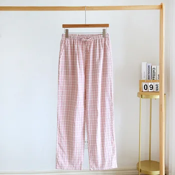 2024 Японская весенне-летняя новая одежда для сна для пар, мужские и женские брюки из 100% хлопка, Тонкие клетчатые Свободные домашние брюки, низы 2