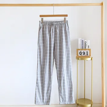 2024 Японская весенне-летняя новая одежда для сна для пар, мужские и женские брюки из 100% хлопка, Тонкие клетчатые Свободные домашние брюки, низы 3