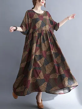 Anteef хлопчатобумажные винтажные платья с цветочным рисунком из хлопка с коротким рукавом для женщин, повседневное свободное длинное летнее платье, элегантная одежда 2023 3