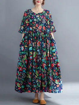 Anteef хлопчатобумажные винтажные платья с цветочным рисунком из хлопка с коротким рукавом для женщин, повседневное свободное длинное летнее платье, элегантная одежда 2023 4