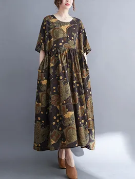 Anteef хлопчатобумажные винтажные платья с цветочным рисунком из хлопка с коротким рукавом для женщин, повседневное свободное длинное летнее платье, элегантная одежда 2023 5
