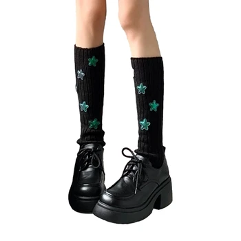 Harajuku Женская Рубчатая Вязаная Гетра В стиле Панк Y2K Со Звездными Нашивками, Покрывающая Ноги Длинными Носками 3