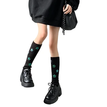 Harajuku Женская Рубчатая Вязаная Гетра В стиле Панк Y2K Со Звездными Нашивками, Покрывающая Ноги Длинными Носками 4