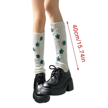 Harajuku Женская Рубчатая Вязаная Гетра В стиле Панк Y2K Со Звездными Нашивками, Покрывающая Ноги Длинными Носками 5