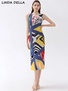 LINDA DELLA, летнее модное дизайнерское винтажное платье с геометрическим принтом, женское платье без рукавов с круглым вырезом, плиссированное длинное платье до ягодиц